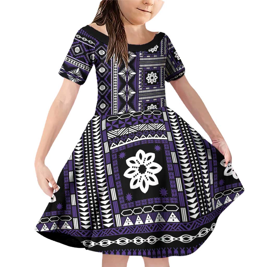 Fiji Masi Tapa Pattern Purple Family Matching Off Shoulder Short Dress and Hawaiian Shirt - Polynesian Pride