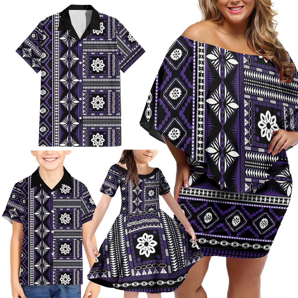 Fiji Masi Tapa Pattern Purple Family Matching Off Shoulder Short Dress and Hawaiian Shirt - Polynesian Pride