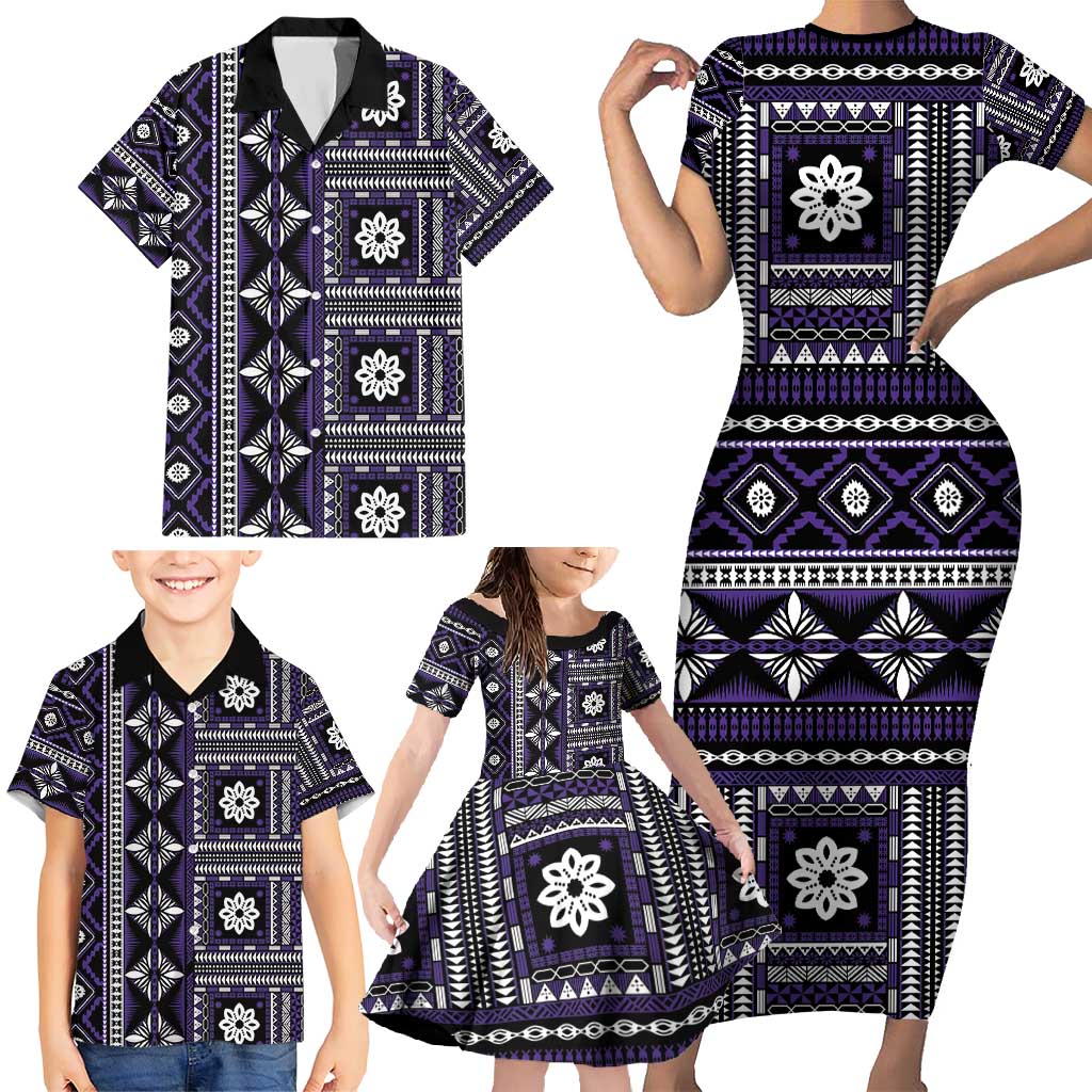 Fiji Masi Tapa Pattern Purple Family Matching Short Sleeve Bodycon Dress and Hawaiian Shirt - Polynesian Pride