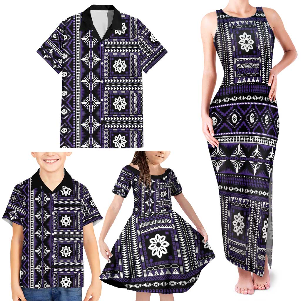 Fiji Masi Tapa Pattern Purple Family Matching Tank Maxi Dress and Hawaiian Shirt - Polynesian Pride