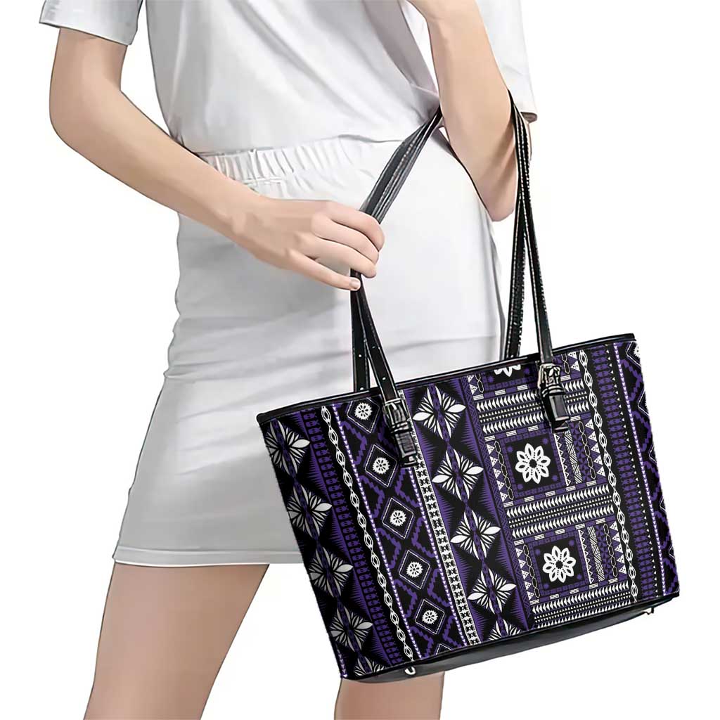 Fiji Masi Tapa Pattern Purple Leather Tote Bag - Polynesian Pride