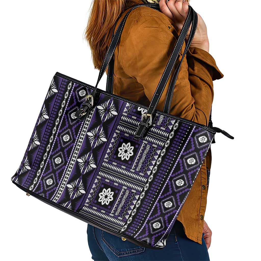 Fiji Masi Tapa Pattern Purple Leather Tote Bag - Polynesian Pride