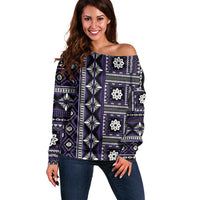 Fiji Masi Tapa Pattern Purple Off Shoulder Sweater - Polynesian Pride