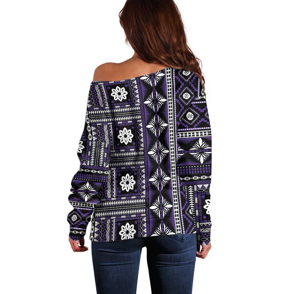 Fiji Masi Tapa Pattern Purple Off Shoulder Sweater - Polynesian Pride