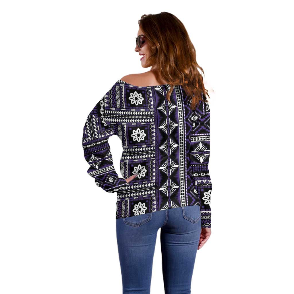 Fiji Masi Tapa Pattern Purple Off Shoulder Sweater - Polynesian Pride
