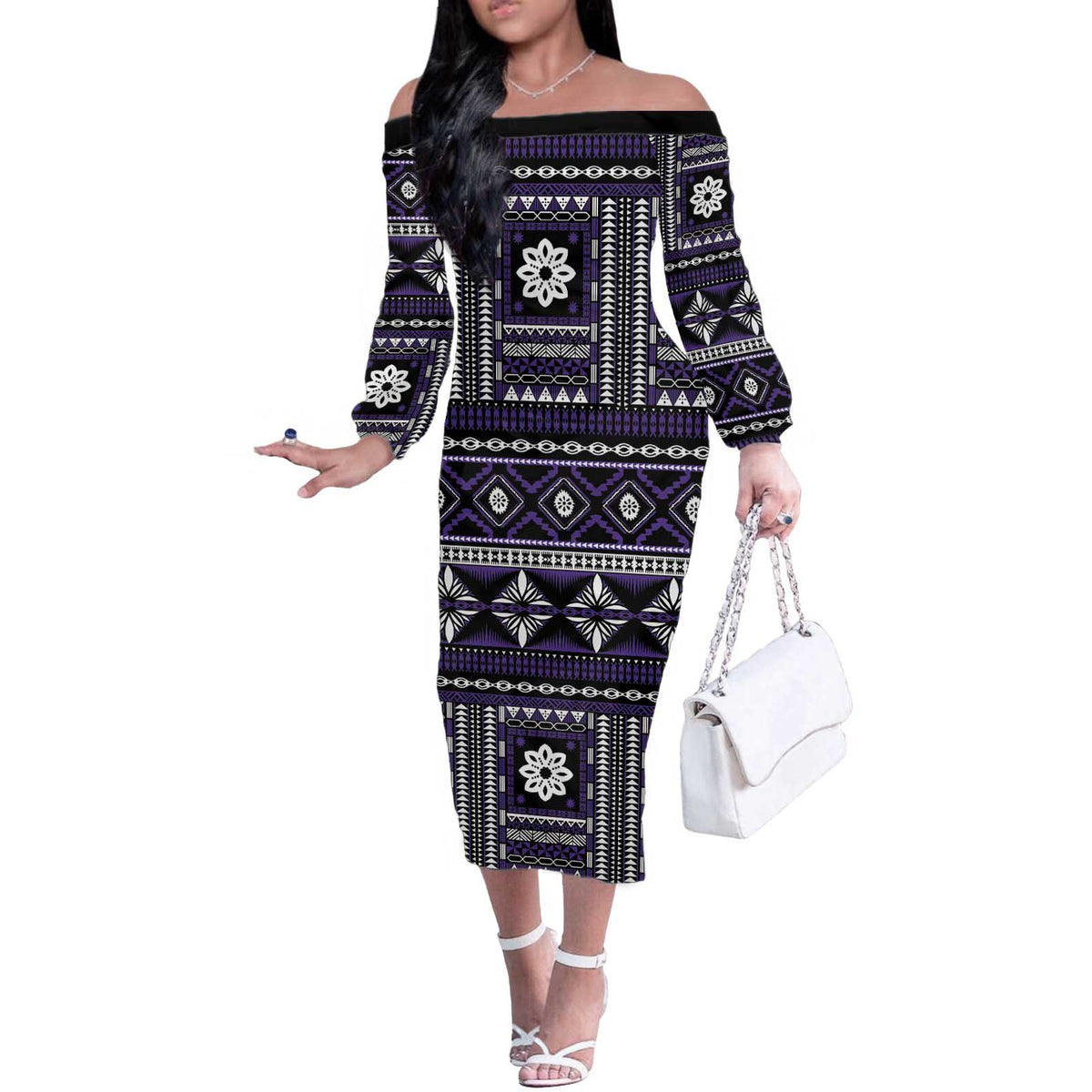 Fiji Masi Tapa Pattern Purple Off The Shoulder Long Sleeve Dress - Polynesian Pride