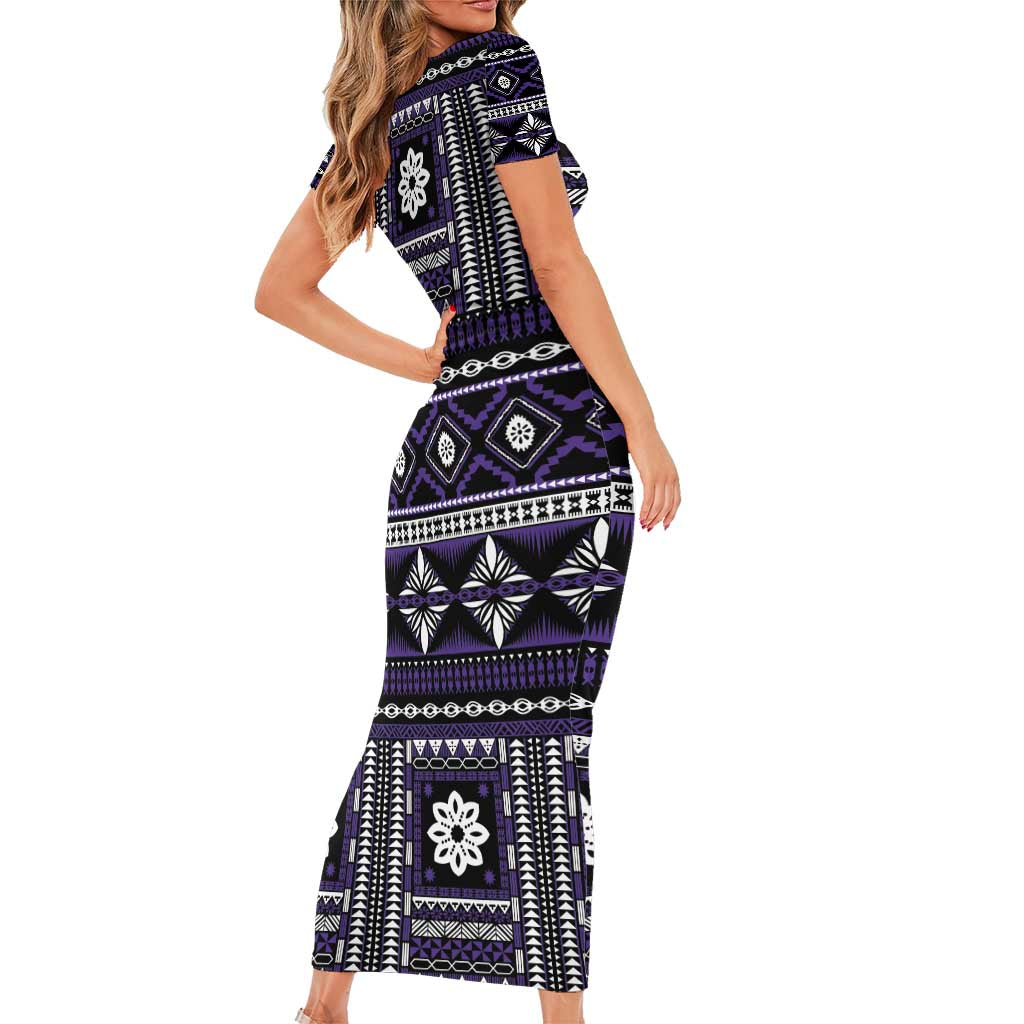 Fiji Masi Tapa Pattern Purple Short Sleeve Bodycon Dress - Polynesian Pride