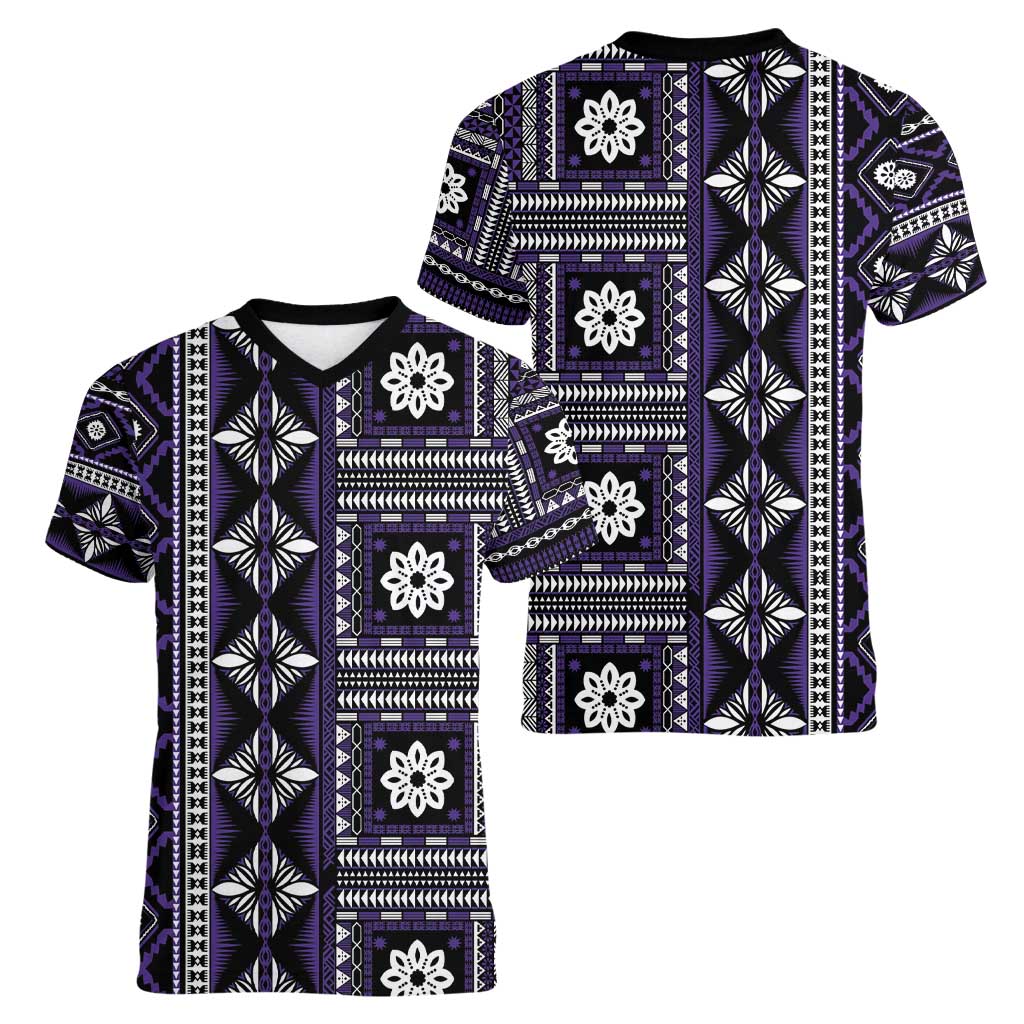 Fiji Masi Tapa Pattern Purple Women V-Neck T-Shirt - Polynesian Pride