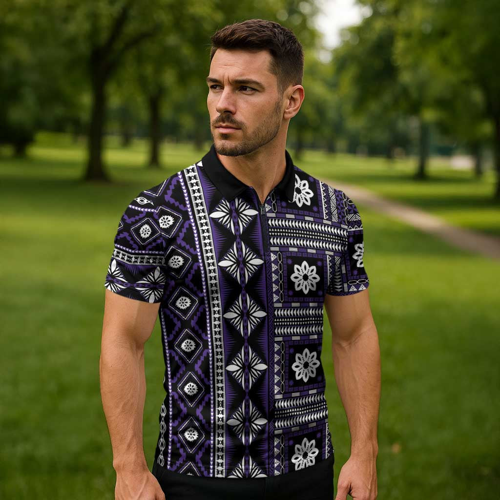 Fiji Masi Tapa Pattern Purple Zipper Polo Shirt - Polynesian Pride