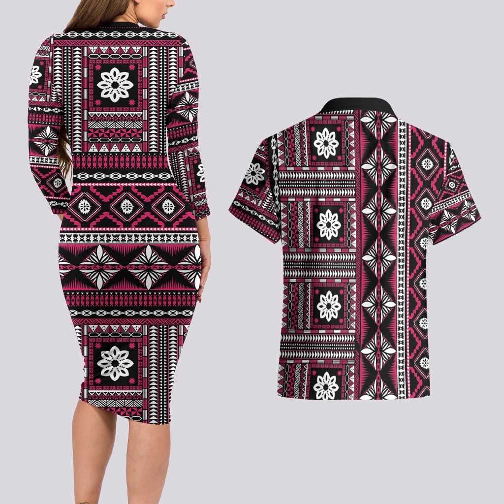 Fiji Masi Tapa Pattern Pink Couples Matching Long Sleeve Bodycon Dress and Hawaiian Shirt - Polynesian Pride