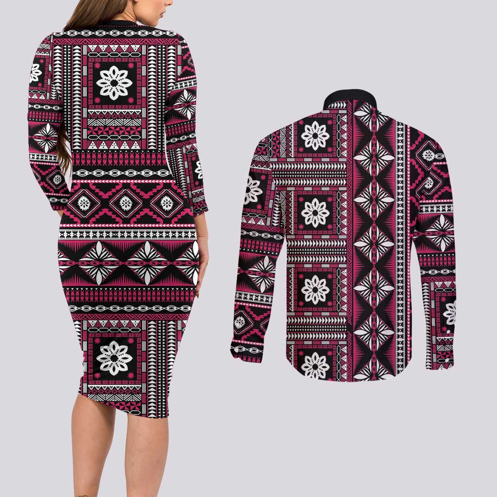 Fiji Masi Tapa Pattern Pink Couples Matching Long Sleeve Bodycon Dress and Long Sleeve Button Shirt - Polynesian Pride
