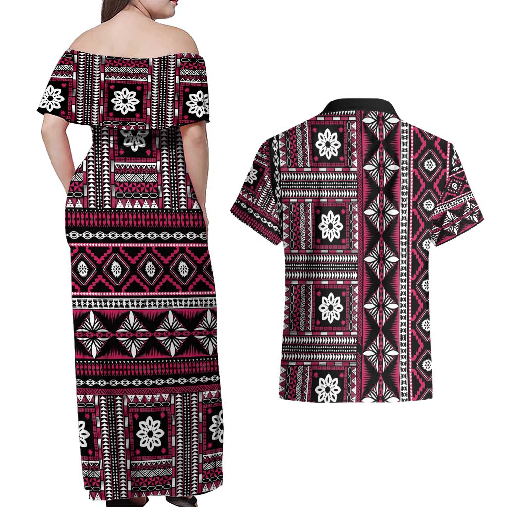Fiji Masi Tapa Pattern Pink Couples Matching Off Shoulder Maxi Dress and Hawaiian Shirt - Polynesian Pride