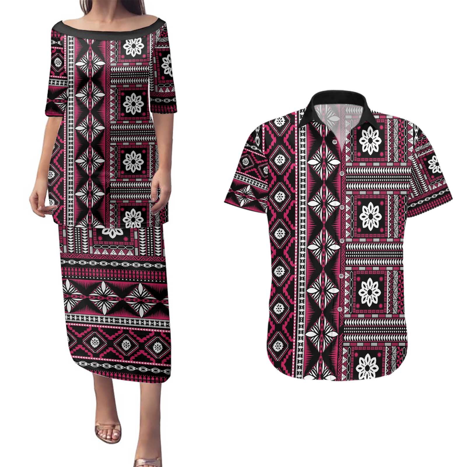 Fiji Masi Tapa Pattern Pink Couples Matching Puletasi and Hawaiian Shirt - Polynesian Pride