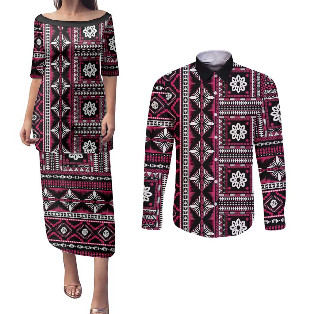 Fiji Masi Tapa Pattern Pink Couples Matching Puletasi and Long Sleeve Button Shirt - Polynesian Pride