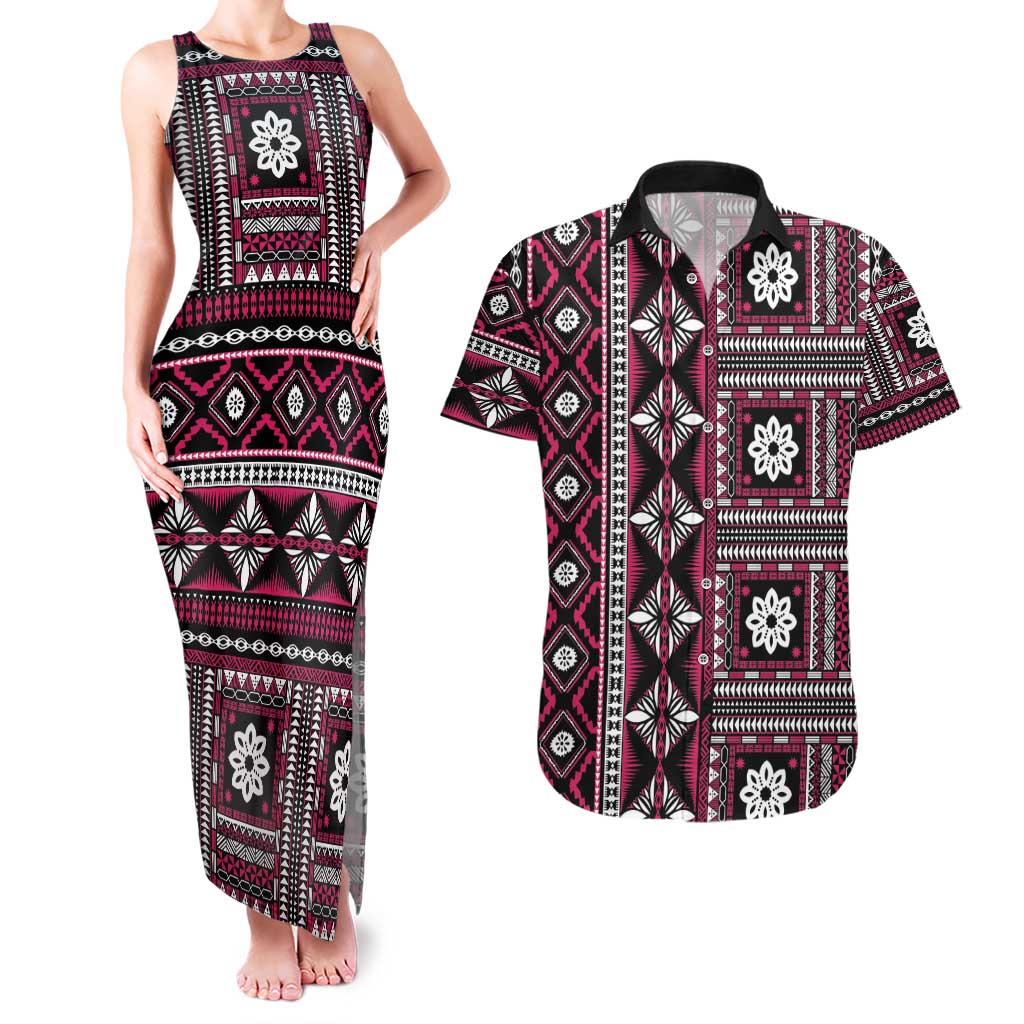 Fiji Masi Tapa Pattern Pink Couples Matching Tank Maxi Dress and Hawaiian Shirt - Polynesian Pride