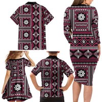 Fiji Masi Tapa Pattern Pink Family Matching Long Sleeve Bodycon Dress and Hawaiian Shirt - Polynesian Pride