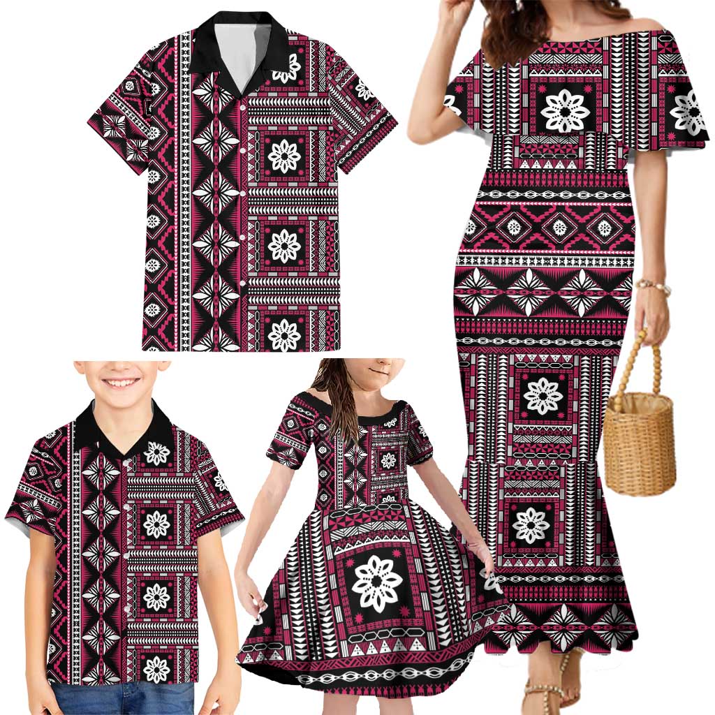 Fiji Masi Tapa Pattern Pink Family Matching Mermaid Dress and Hawaiian Shirt - Polynesian Pride