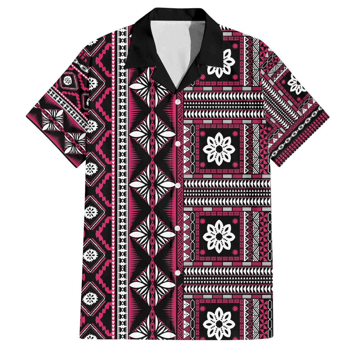 Fiji Masi Tapa Pattern Pink Family Matching Off The Shoulder Long Sleeve Dress and Hawaiian Shirt - Polynesian Pride