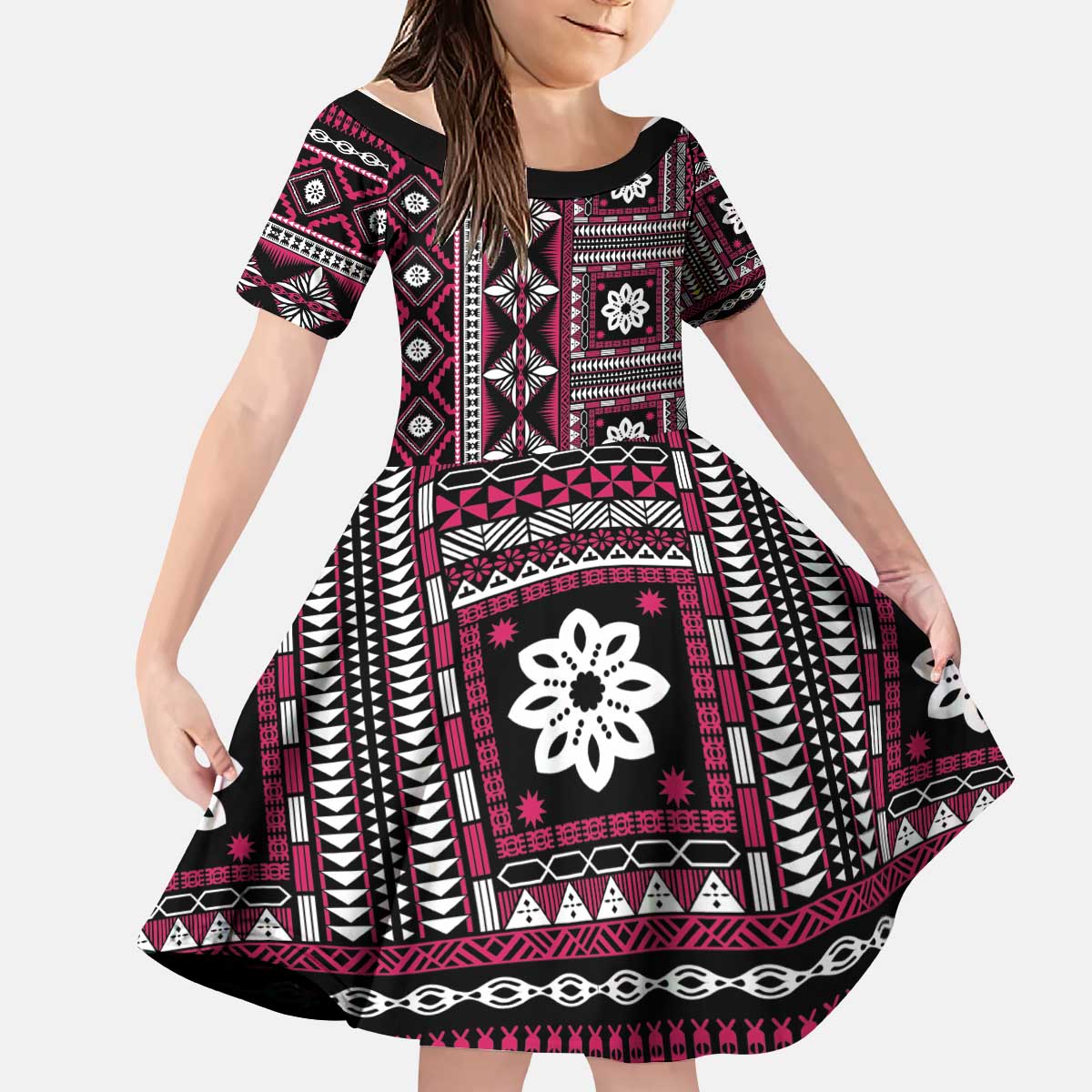 Fiji Masi Tapa Pattern Pink Kid Short Sleeve Dress - Polynesian Pride