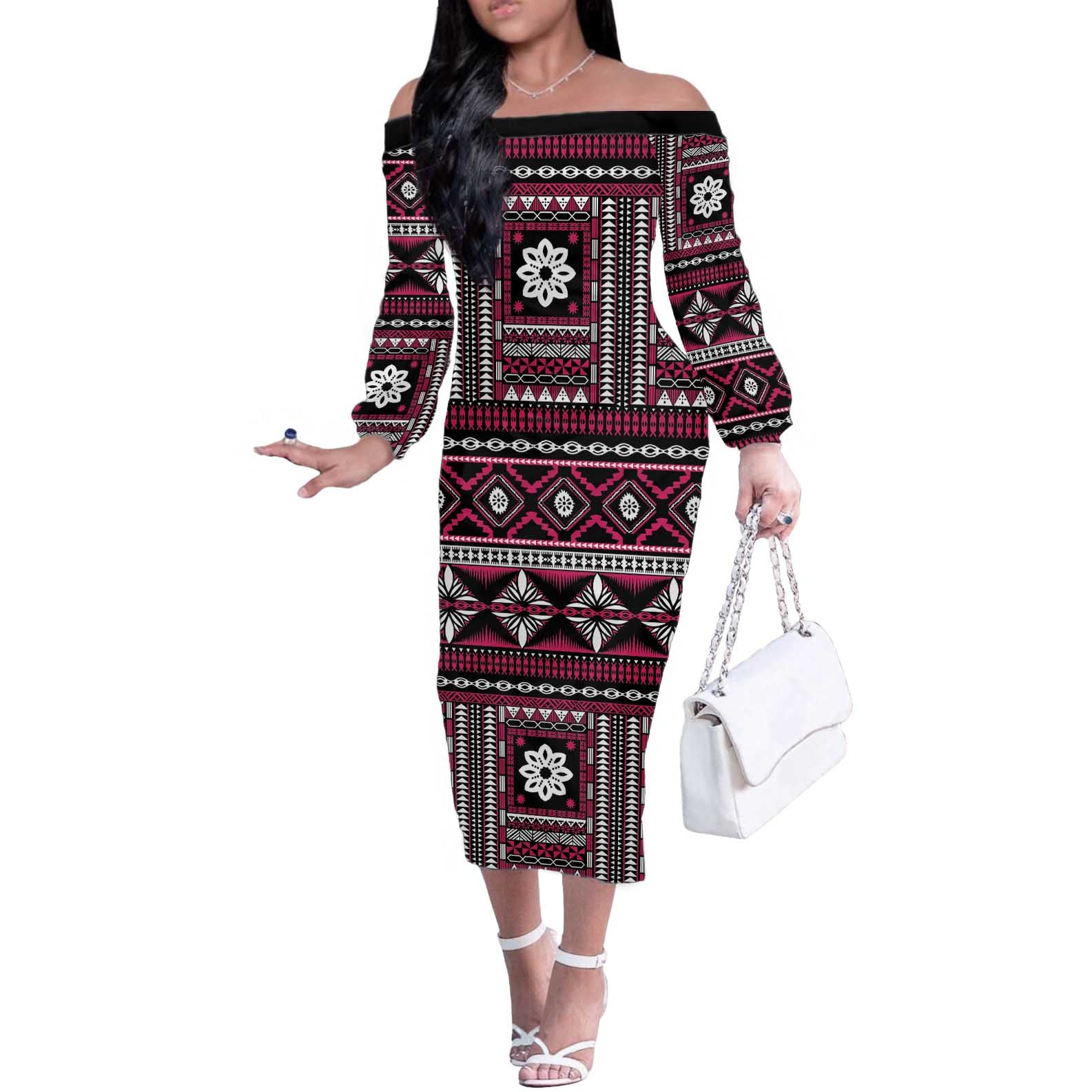 Fiji Masi Tapa Pattern Pink Off The Shoulder Long Sleeve Dress - Polynesian Pride