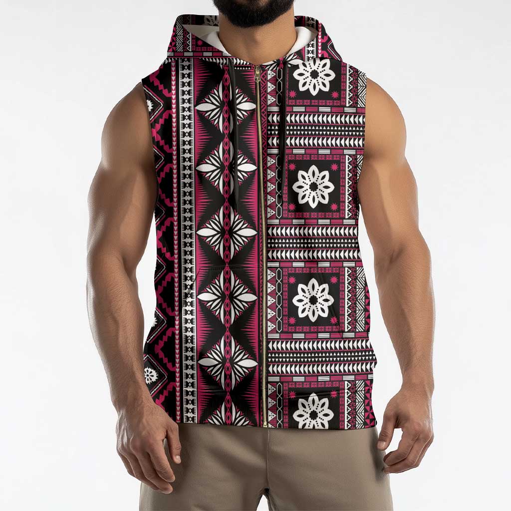 Fiji Masi Tapa Pattern Pink Sleeveless Zip Hoodie - Polynesian Pride