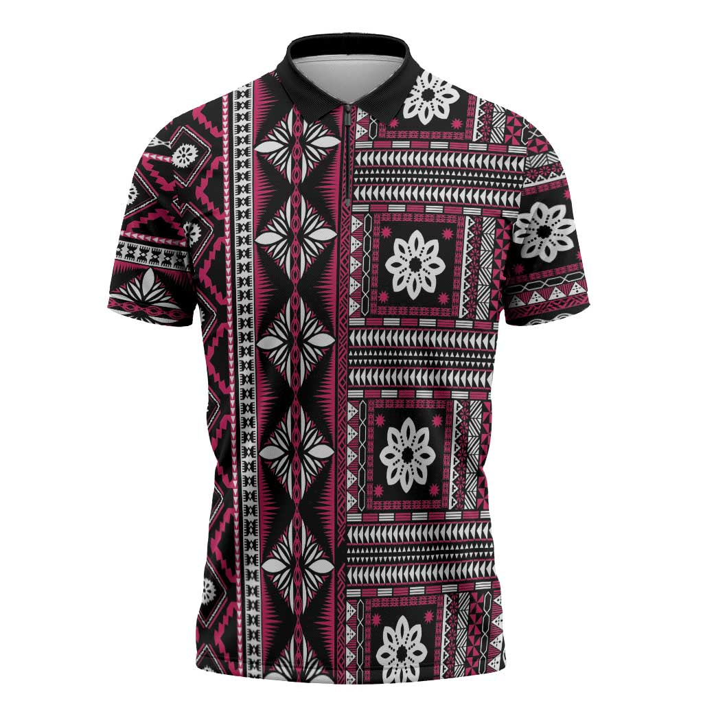 Fiji Masi Tapa Pattern Pink Zipper Polo Shirt - Polynesian Pride