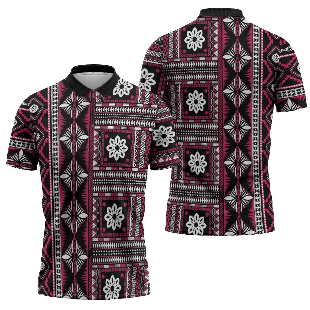 Fiji Masi Tapa Pattern Pink Zipper Polo Shirt - Polynesian Pride