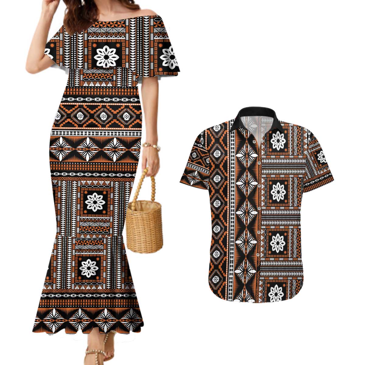 Fiji Masi Tapa Pattern Orange Couples Matching Mermaid Dress and Hawaiian Shirt - Polynesian Pride