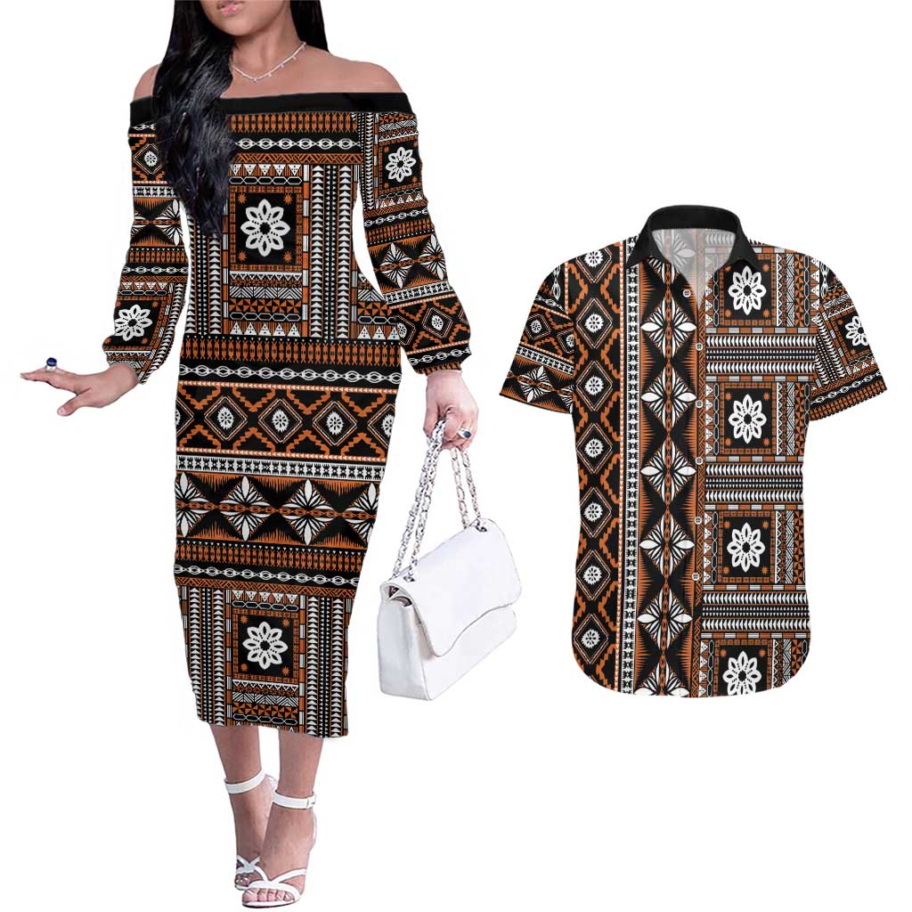Fiji Masi Tapa Pattern Orange Couples Matching Off The Shoulder Long Sleeve Dress and Hawaiian Shirt - Polynesian Pride