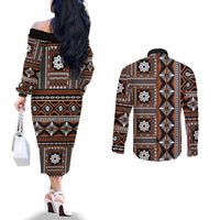 Fiji Masi Tapa Pattern Orange Couples Matching Off The Shoulder Long Sleeve Dress and Long Sleeve Button Shirt - Polynesian Pride