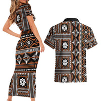 Fiji Masi Tapa Pattern Orange Couples Matching Short Sleeve Bodycon Dress and Hawaiian Shirt - Polynesian Pride