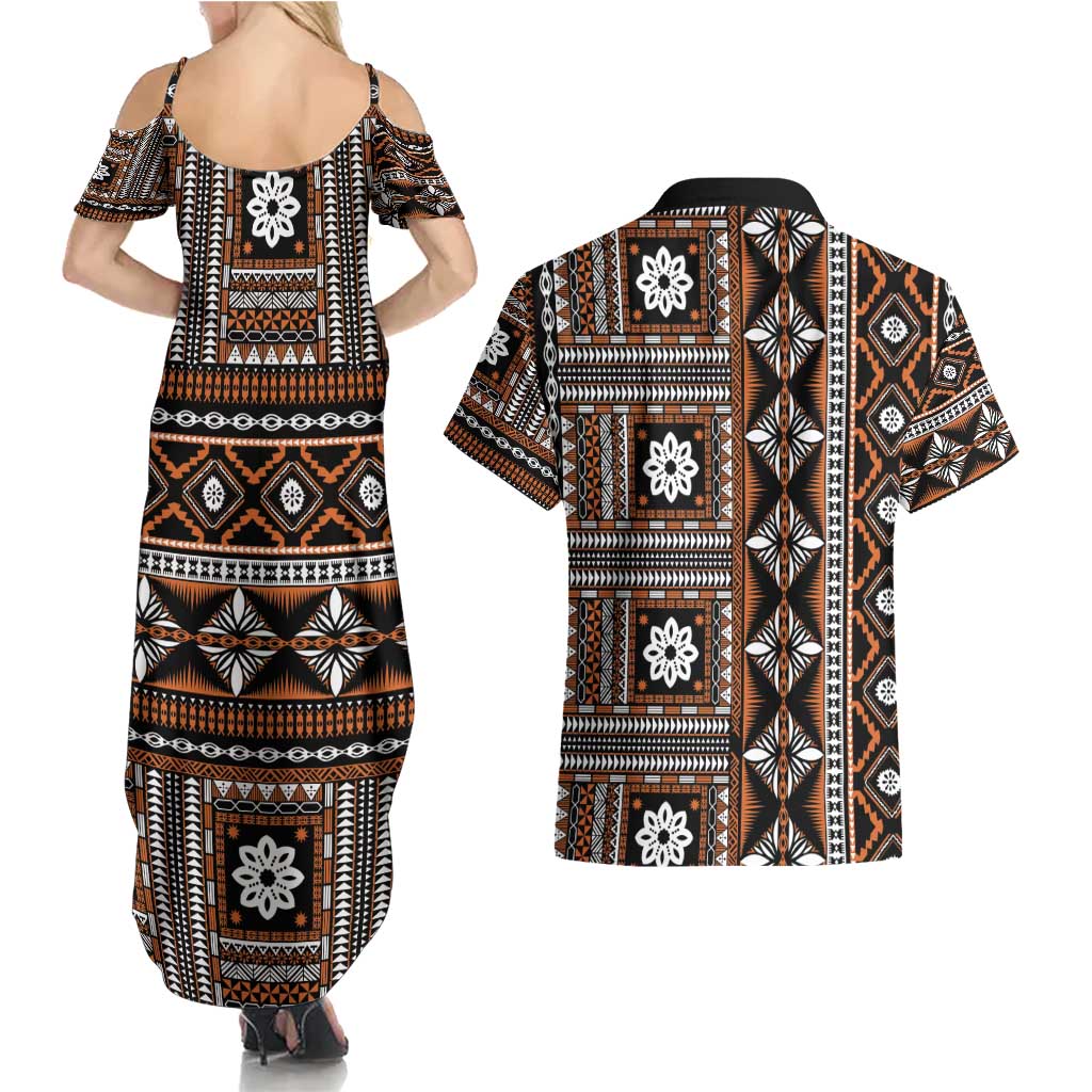 Fiji Masi Tapa Pattern Orange Couples Matching Summer Maxi Dress and Hawaiian Shirt - Polynesian Pride