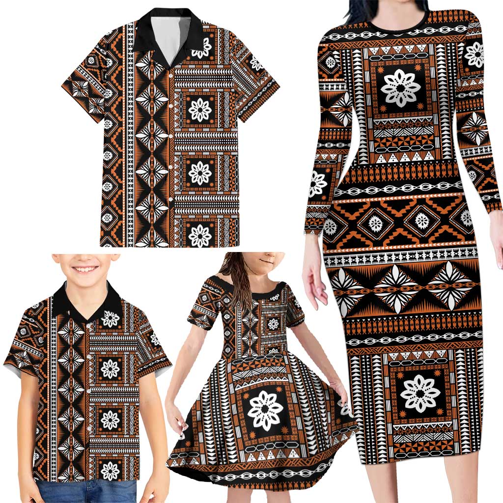 Fiji Masi Tapa Pattern Orange Family Matching Long Sleeve Bodycon Dress and Hawaiian Shirt - Polynesian Pride