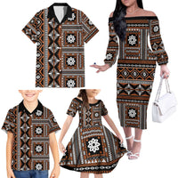 Fiji Masi Tapa Pattern Orange Family Matching Off The Shoulder Long Sleeve Dress and Hawaiian Shirt - Polynesian Pride