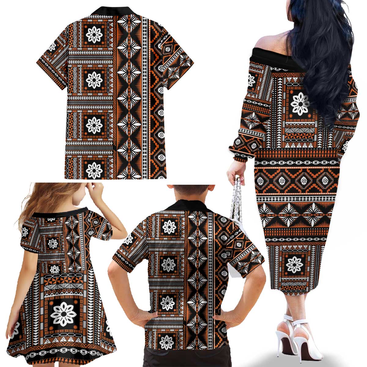 Fiji Masi Tapa Pattern Orange Family Matching Off The Shoulder Long Sleeve Dress and Hawaiian Shirt - Polynesian Pride