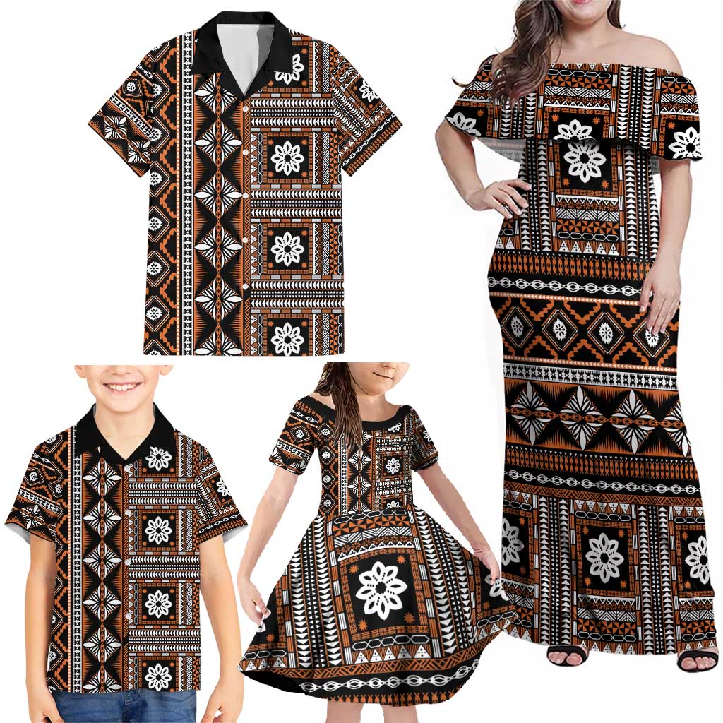Fiji Masi Tapa Pattern Orange Family Matching Off Shoulder Maxi Dress and Hawaiian Shirt - Polynesian Pride