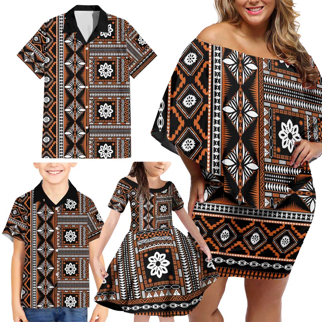 Fiji Masi Tapa Pattern Orange Family Matching Off Shoulder Short Dress and Hawaiian Shirt - Polynesian Pride