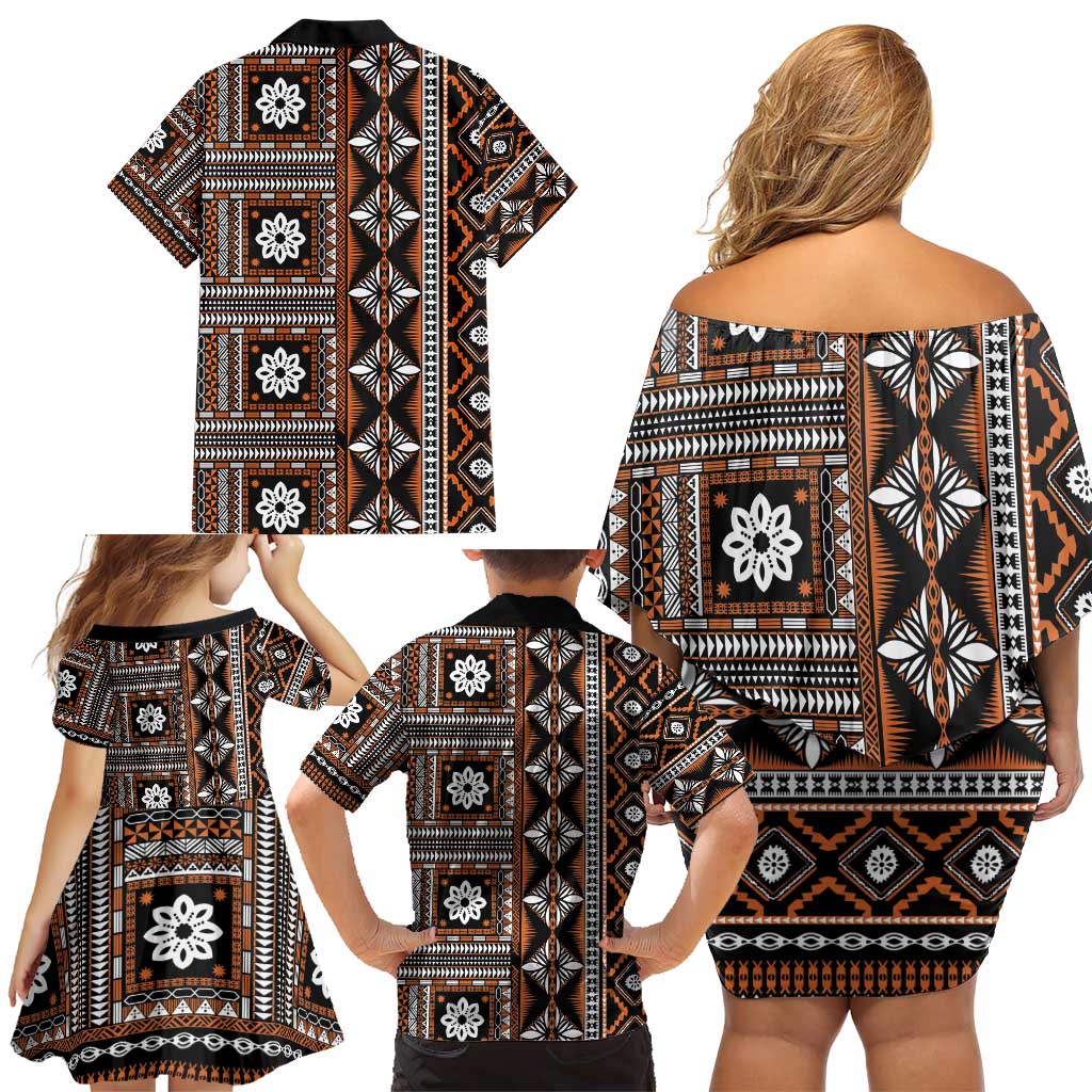 Fiji Masi Tapa Pattern Orange Family Matching Off Shoulder Short Dress and Hawaiian Shirt - Polynesian Pride