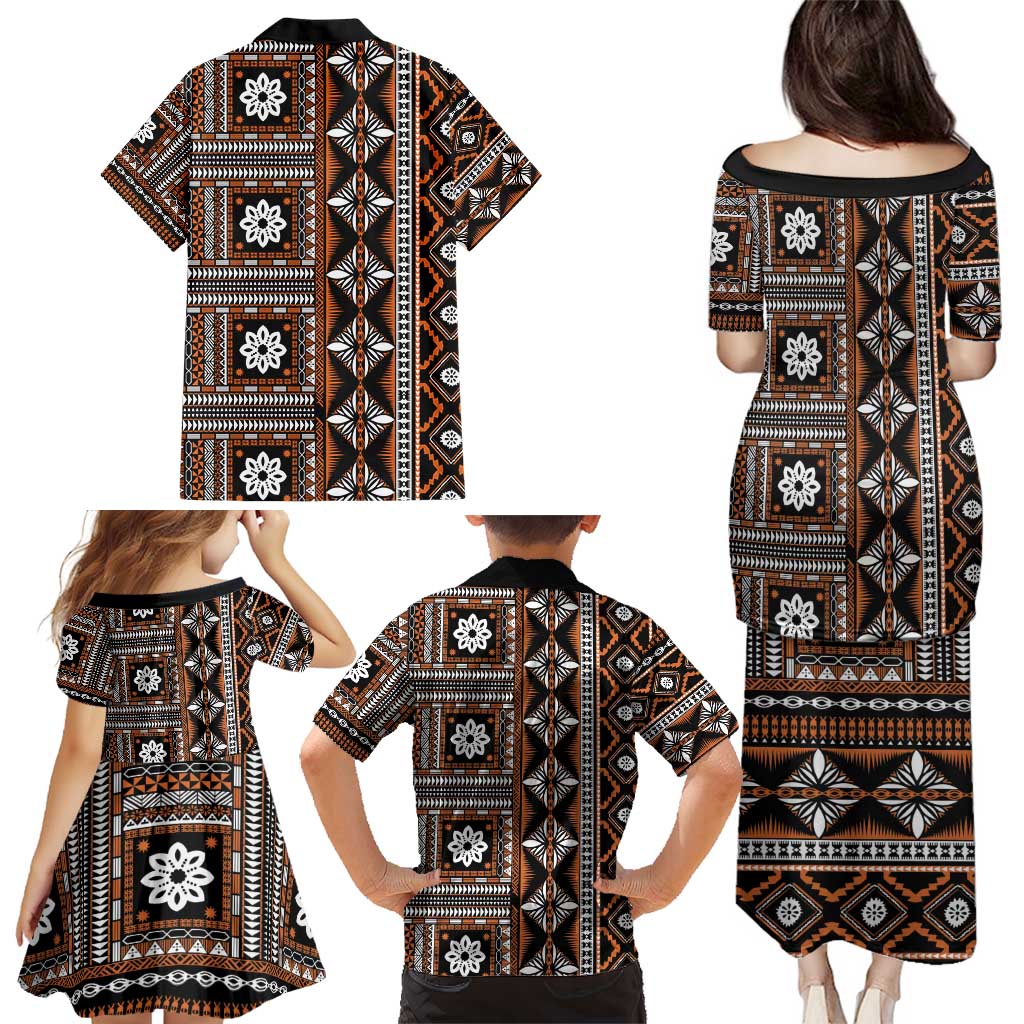 Fiji Masi Tapa Pattern Orange Family Matching Puletasi and Hawaiian Shirt - Polynesian Pride