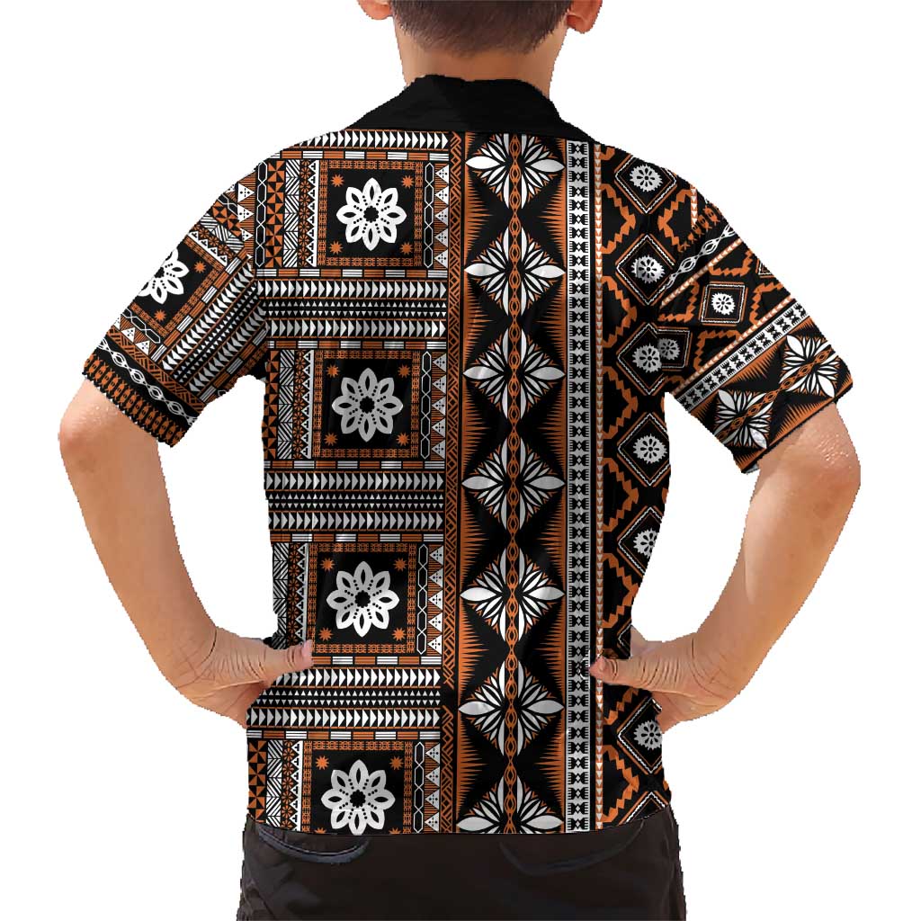 Fiji Masi Tapa Pattern Orange Family Matching Short Sleeve Bodycon Dress and Hawaiian Shirt - Polynesian Pride