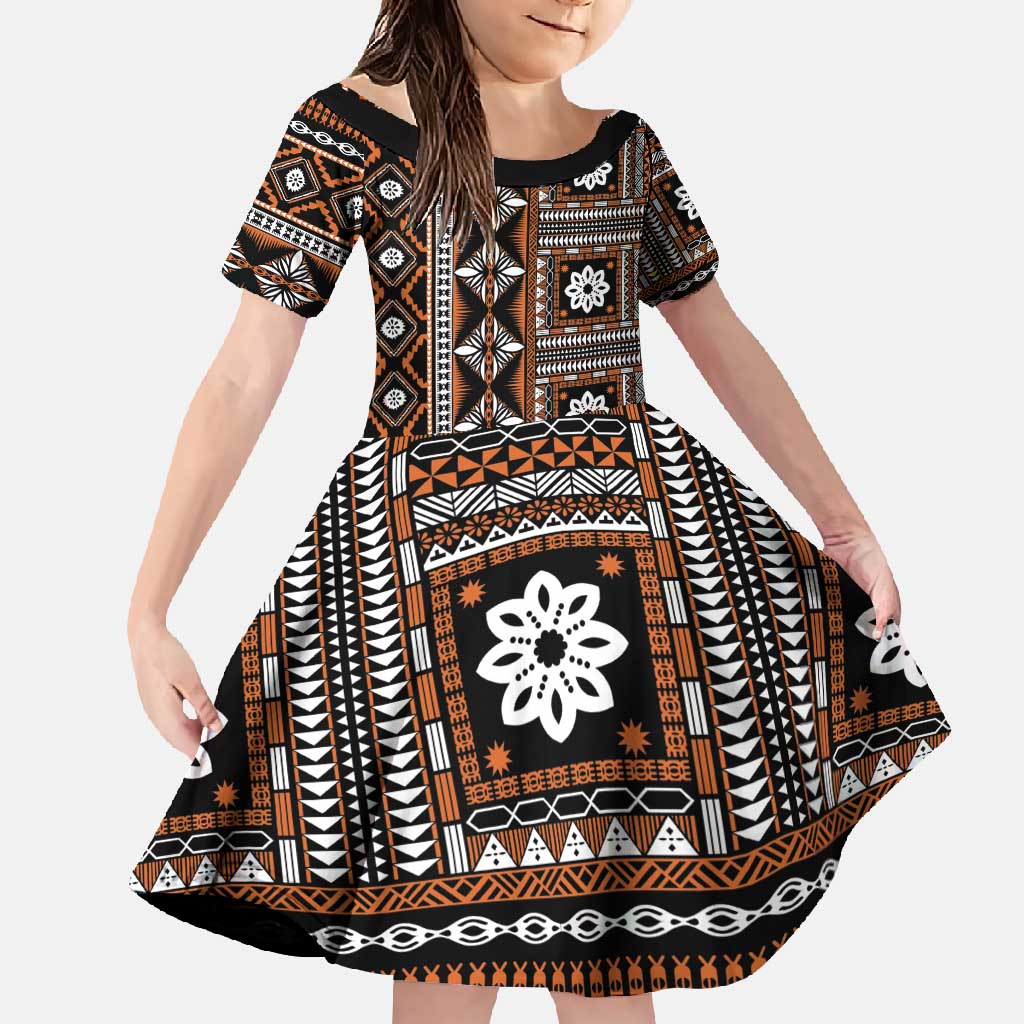 Fiji Masi Tapa Pattern Orange Family Matching Short Sleeve Bodycon Dress and Hawaiian Shirt - Polynesian Pride