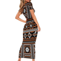 Fiji Masi Tapa Pattern Orange Family Matching Short Sleeve Bodycon Dress and Hawaiian Shirt - Polynesian Pride