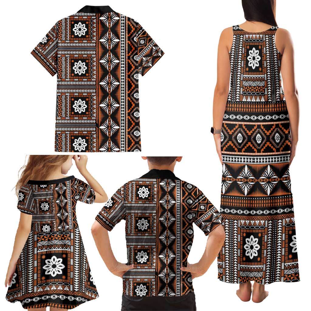 Fiji Masi Tapa Pattern Orange Family Matching Tank Maxi Dress and Hawaiian Shirt - Polynesian Pride