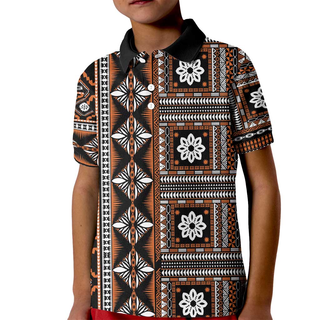 Fiji Masi Tapa Pattern Orange Kid Polo Shirt - Polynesian Pride