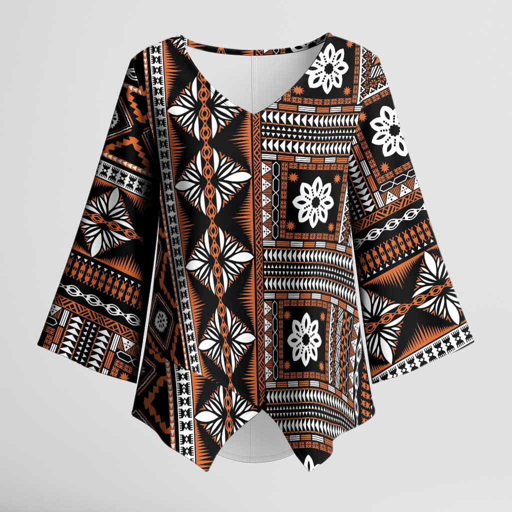 Fiji Masi Tapa Pattern Orange Kimono Sleeve Blouse - Polynesian Pride