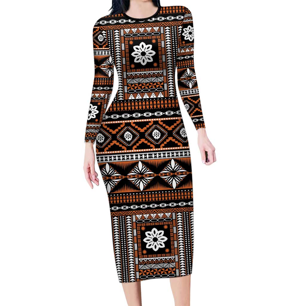 Fiji Masi Tapa Pattern Orange Long Sleeve Bodycon Dress - Polynesian Pride