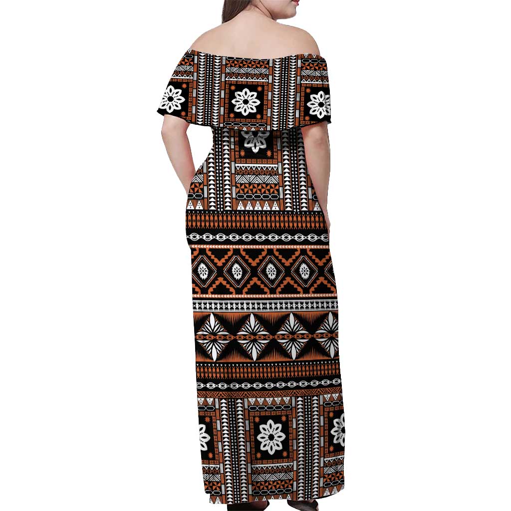 Fiji Masi Tapa Pattern Orange Off Shoulder Maxi Dress - Polynesian Pride