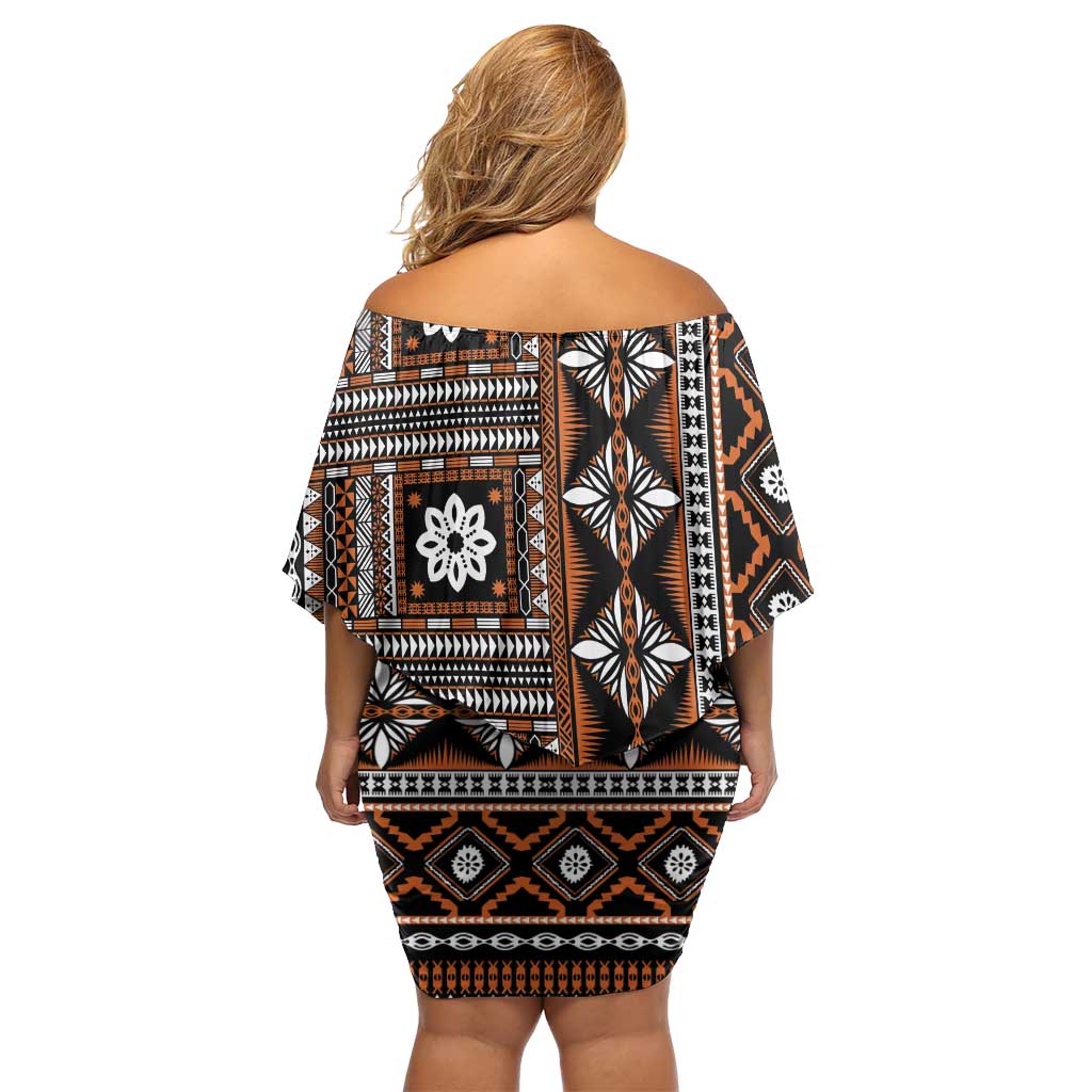 Fiji Masi Tapa Pattern Orange Off Shoulder Short Dress - Polynesian Pride
