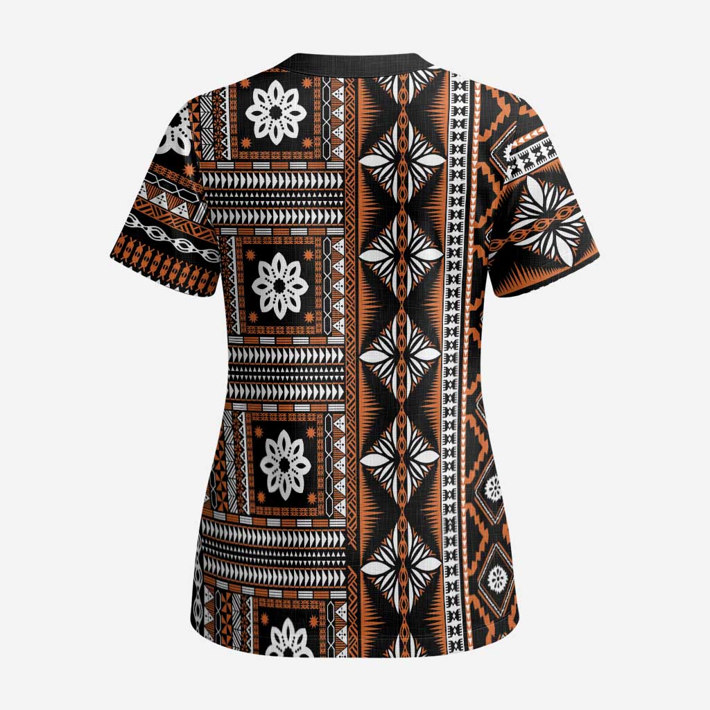 Fiji Masi Tapa Pattern Orange Scrub Top - Polynesian Pride