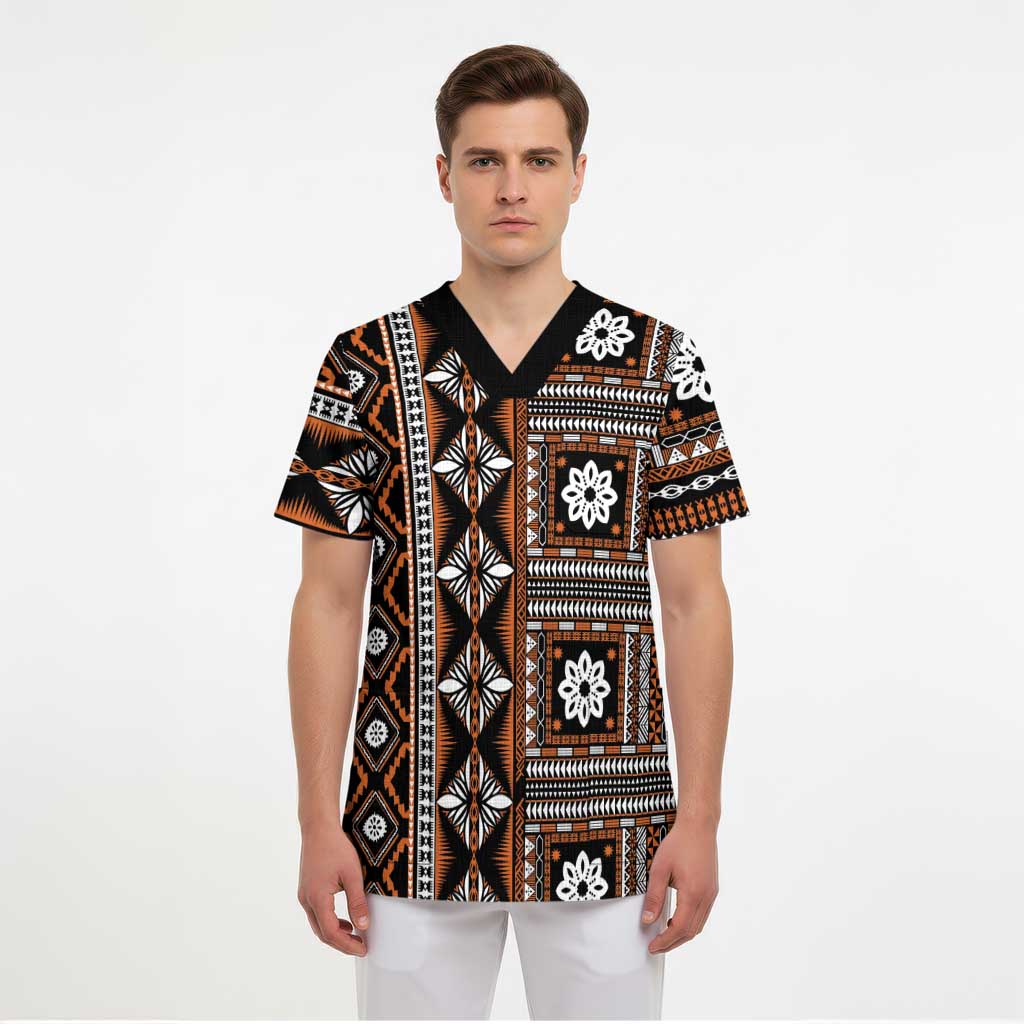 Fiji Masi Tapa Pattern Orange Scrub Top - Polynesian Pride